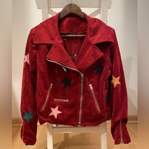 Olivaceous Vibrant Red Suede Jacket with Star Accents